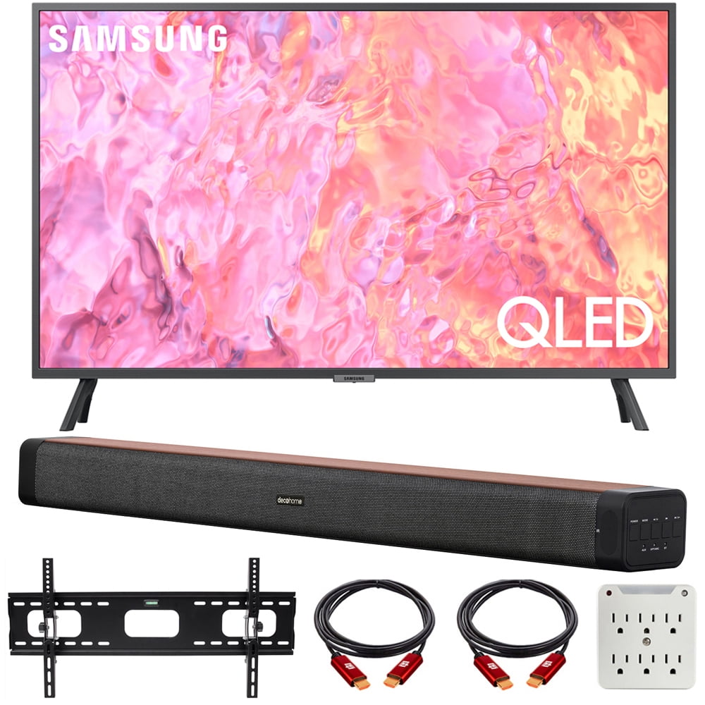 Samsung QN55Q60CA 55 Inch QLED 4K Smart TV Bundle with Deco Home 60W 2.0 Channel Soundbar, 37"-100" TV Wall Mount Bracket Bundle and 6-Outlet Surge Adapter (2023 Model)