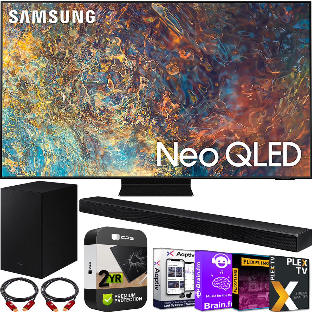 Samsung QN55QN90AA 55 Inch Neo QLED 4K Smart TV (2021) Bundle with HW-A650 3.1ch Soundbar and Subwoofer with Premium 2 Year Extended TV Protection Plan Kit Deco Gear 2 Pack HDMI Cables - image 1 of 2