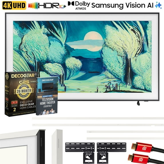 Samsung QN65LS03FA 65" The Frame QLED 4K AI TV (2025) Bundle with Modern White Bezel, CPS 26 Month Protection, Slim Flat Mount, 2x HDMI Cables & Deco Gear Complete Home Theater Beginner's Guidebook