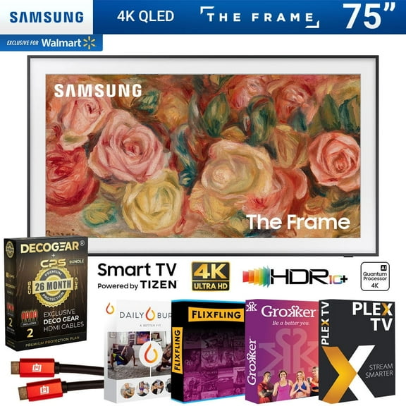 Samsung QN75LS03DA 75 inch The Frame QLED 4K Smart TV (2024 Model) Bundle w/ Deco Gear 4K HDMI 2.0 Cable w/Pure Copper Conductors x2 + Premiere Movie Streaming & CPS Exclusive 26 Month Protection