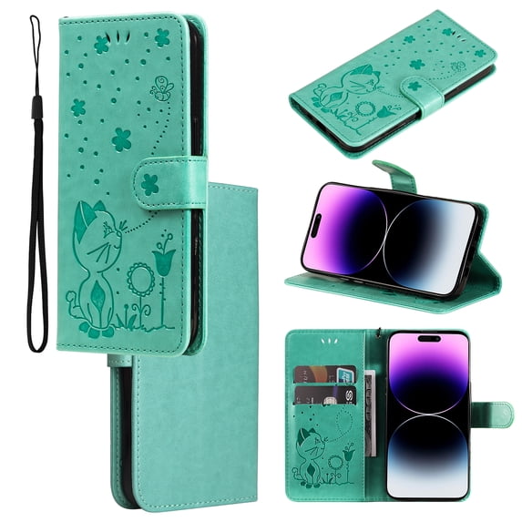 For Samsung S20 Plus Case, Mantto PU Leather Cover with Cat Patterned Embossed Cute Painted Flip Wallet Card Case, Kickstand Hand Strap Magnetic Closure Case For Samsung Galaxy S20 Plus, Green