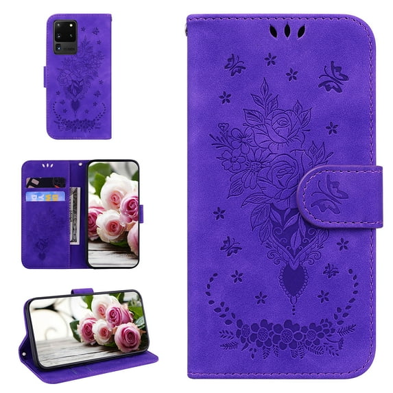 Samsung S20 Ultra Phone Case, Butterfly Embossed Pattern PU Leather Magnetic Folio Flip Kickstand Protective Cards Pocket with Hand Strap Wallet Cover For Samsung Galaxy S20 Ultra,Purple