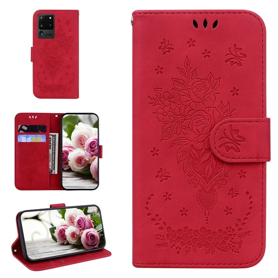 Samsung S20 Ultra Phone Case, Butterfly Embossed Pattern PU Leather Magnetic Folio Flip Kickstand Protective Cards Pocket with Hand Strap Wallet Cover For Samsung Galaxy S20 Ultra,Red