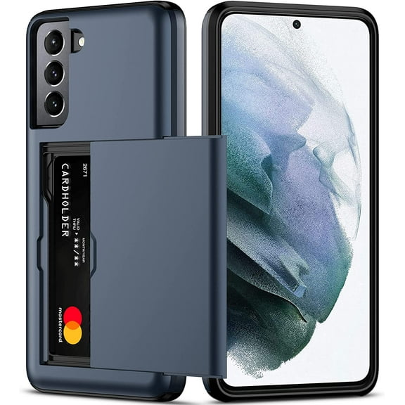 For Samsung S21 Case with Card Holder 5G 6.2 inch Dual Layer Heavy Duty Protective Galaxy S21 Case Hidden Card Slot Slim Wallet Case for Samsung S21(Blue)