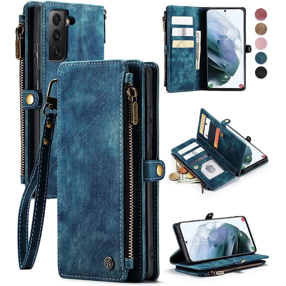 Samsung S21 Case, Samsung Galaxy S21 Case Wallet for Women Men, Durable PU Leather Magnetic Flip Lanyard Strap Wristlet Zipper Card Holder Phone Case for Samsung Galaxy S21 5g (6.2"), Blue