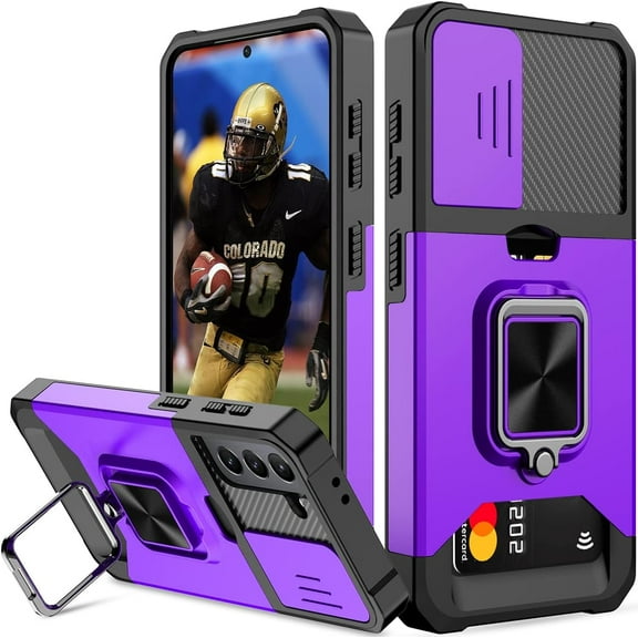 for Samsung S21 Case with Sliding Camera Cover Heavy Duty Protective Galaxy S21 Case with Card Holder Magnetic Kickstand Case for Samsung S21 5G 6.2 inch(Purple)