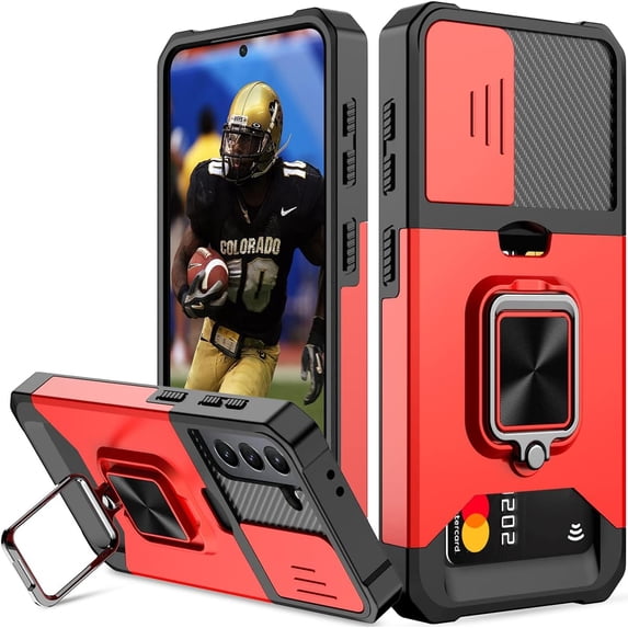 for Samsung S21 Case with Sliding Camera Cover Heavy Duty Protective Galaxy S21 Case with Card Holder Magnetic Kickstand Case for Samsung S21 5G 6.2 inch(Red)