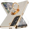 thumbnail image 1 of for Samsung S21 Case,with Screen Protector, Built-in 360° Rotation Ring Holder Magnetic Kickstand, Plating Gold Edge Soft TPU Shockproof Protective Case for Galaxy S21 6.2 inch, White, 1 of 13
