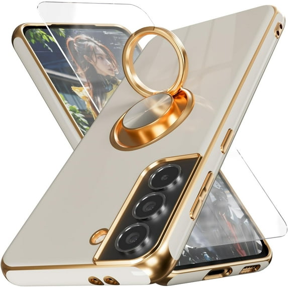 for Samsung S21 Case,with Screen Protector, Built-in 360° Rotation Ring Holder Magnetic Kickstand, Plating Gold Edge Soft TPU Shockproof Protective Case for Galaxy S21 6.2 inch, White