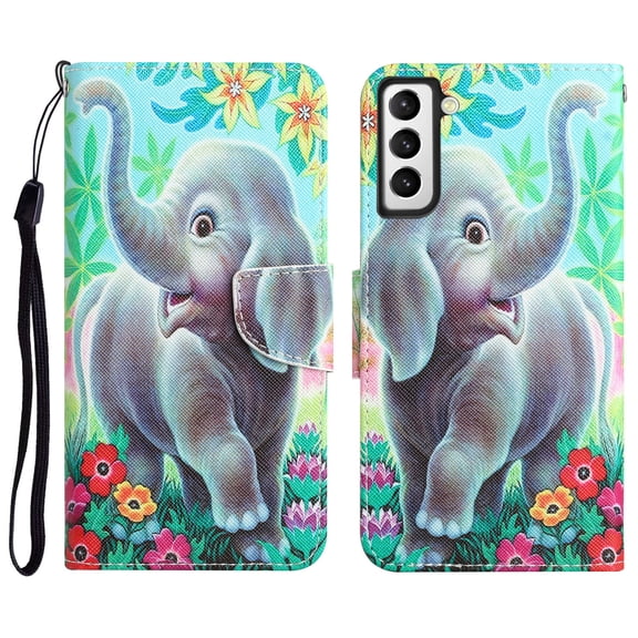 Samsung S21 FE, Galaxy S21 FE Wallet Case, Magnetic Folio Faux Leather Patterned with Wrist Strap Credit Card Slots Kickstand Cover For Samsung Galaxy S21 FE, Elephant