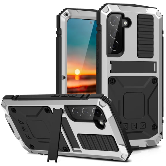 for Samsung S21 FE Metal Case, with Kickstand Screen Protector Case Sturdy Military Armor Durable Full Body Heavy Duty Shockproof Drop Tested Outdoor Case for Galaxy S21 FE - Silver