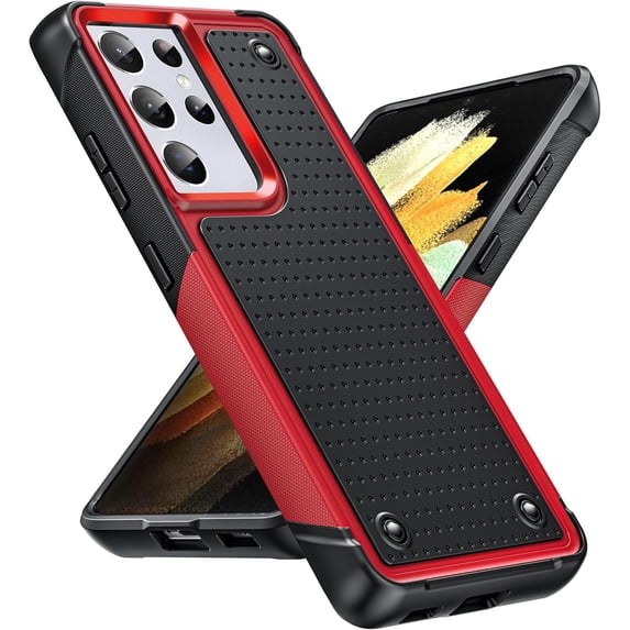 for Samsung S21 Ultra Case 5G, Galaxy S21 Ultra Phone Case, Shockproof Heavy Duty Dual Layer Protective Hard PC Textured Back & Soft Bumper Case for Samsung S21 Ultra G998U, Red