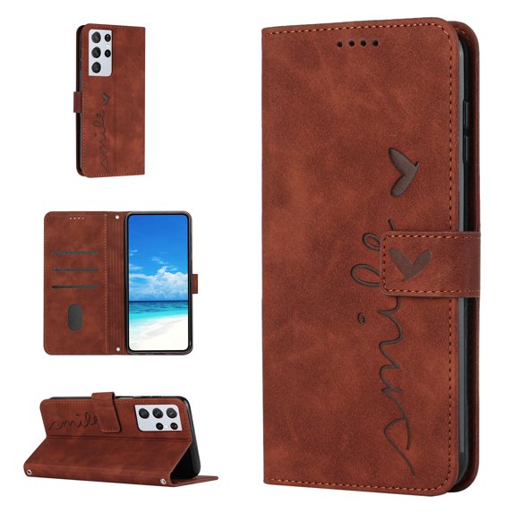 For Samsung S21 Ultra Case, Allytech Wallet Case Magnetic Folio Embossed Full Protection PU Leather Kickstand Credit Card Holder Slots Wrist Strap Flip Cover for Samsung Galaxy S21 Ultra,Brown