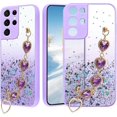 thumbnail image 1 of for Samsung S21 Ultra Case Clear Glitter Silicone, Shockproof Phone Case Samsung Galaxy S21 Ultra Case with Chain Strap Bracelet for Women Aesthetic Transparent Cover Pink Cute (Purple), 1 of 14