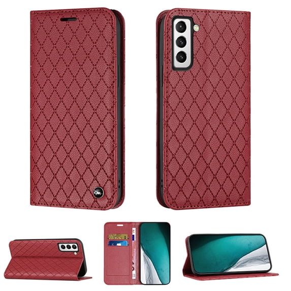 Samsung S21 Wallet Case, Luxury Premium PU Leather Rhombus Diamond RFID Blocking Card Holder Slot, Shockproof Magnetic Closure TPU Case Flip Cover with Kickstand For Samsung Galaxy S21,Red