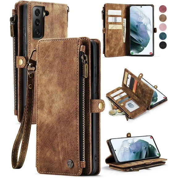 Samsung S21 Wallet Case, PU Leather Flip, Magnetic Strap, Zipper Card Holder, 6.2" Brown