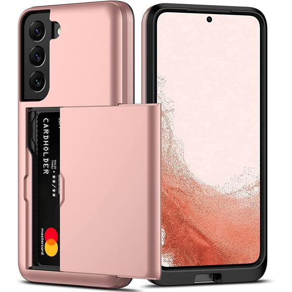 for Samsung S22 Case with Card Holder 5G 6.1 inch Slim Dual Layer Heavy Duty Protective Galaxy S22 Case Hidden Card Slot Wallet Case for Samsung S22(Rose Gold)