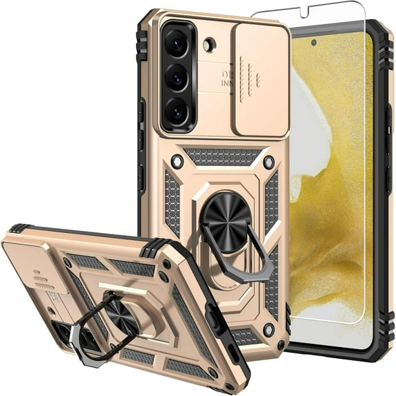 for Samsung S22 Case, Galaxy S22 Case with Screen Protectors and Camera Cover,[Military Grade] 16ft.Drop Tested Cover with Magnetic Kickstand Protective Case for S22 (TC-Gold)