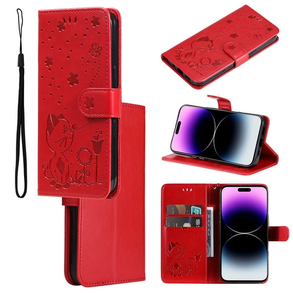 For Samsung S22 Case, Mantto PU Leather Cover with Cat Patterned Embossed Cute Painted Flip Wallet Card Case, With Kickstand Hand Strap Magnetic Closure Case For Samsung Galaxy S22, Red