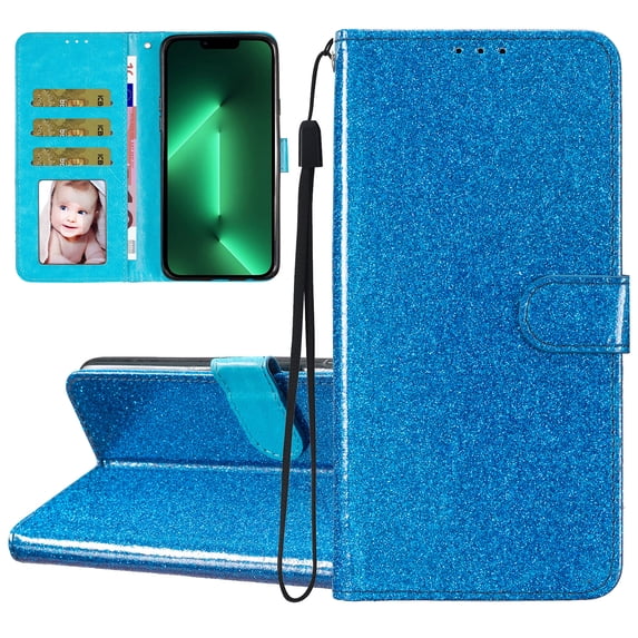 For Samsung S22 Plus Case Bling Glitter Shiny Magnetic Closure Luxury PU Leather RFID Blocking Wallet Card Holder Hand Strap Folio Kickstand Flip Case Women Girls For Samsung Galaxy S22 Plus, Blue