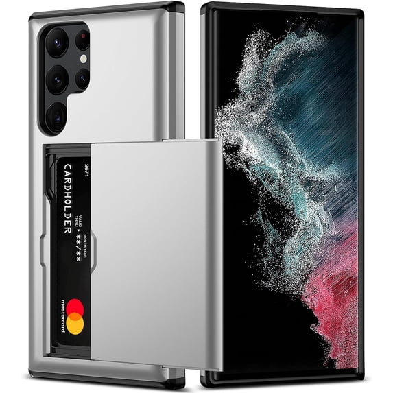 Samsung S22 Ultra Case with Card Holder 5G 6.8 inch Slim Dual Layer Heavy Duty Protective Galaxy S22 Ultra Case Hidden Card Slot Wallet Case for Samsung S22 Ultra(Silver)