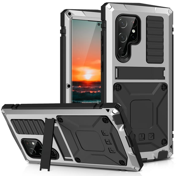 Samsung S22 Ultra Rugged Full-Body Case, Metal Bumper Built-in Screen Protector&Kickstand,Dustproof Drop-Proof,Full Body Protection Heavy Duty Military Cover For Samsung Galaxy S22 Ultra, Silver