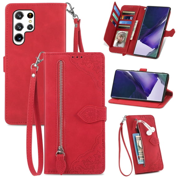 for Samsung S22 Ultra Wallet Case for Men Women, Galaxy S22 Ultra 5G Cover, Embossed PU Leather Magnet Buckle Card Slots Zipper Pocket Lanyard Wrist Strap Handbag All-inclusive Case, Red