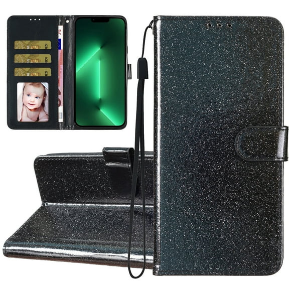 For Samsung S22 Wallet Case Bling Shiny Premium PU Leather with RFID Blocking Card Slots Holder Magnetic Flip Kickstand Shockproof Wrist Strap Cover For Samsung Galaxy S22, Black