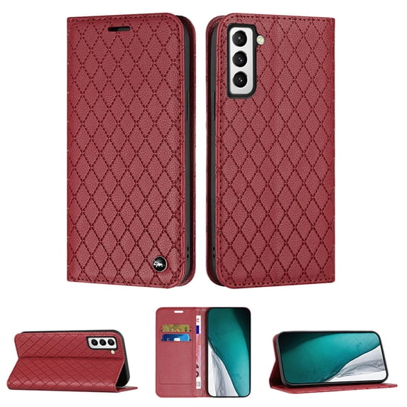 Samsung S22 Wallet Case, Luxury Premium PU Leather Rhombus Diamond RFID Blocking Card Holder Slot, Shockproof Magnetic Closure TPU Case Flip Cover with Kickstand For Samsung Galaxy S22, Red