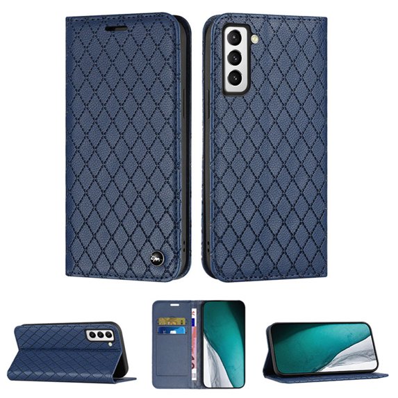 Samsung S22 Wallet Case, Luxury Premium PU Leather Rhombus Diamond RFID Blocking Card Holder Slot, Shockproof Magnetic Closure TPU Case Flip Cover with Kickstand For Samsung Galaxy S22, Blue