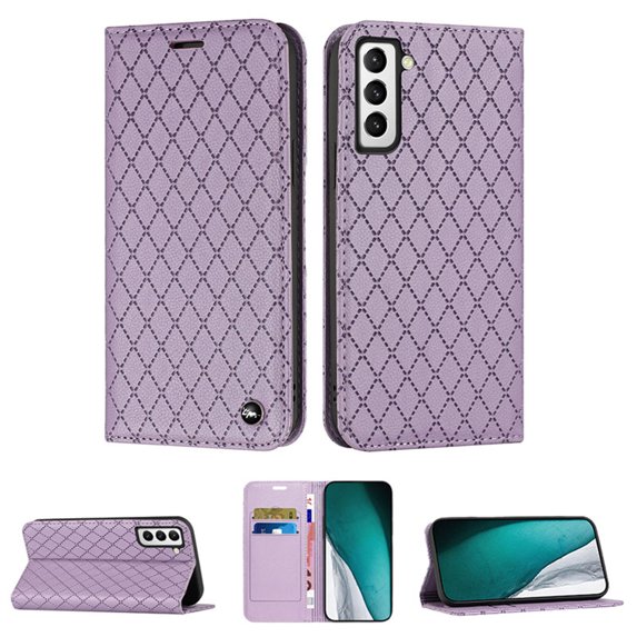 Samsung S22 Wallet Case, Luxury Premium PU Leather Rhombus Diamond RFID Blocking Card Holder Slot, Shockproof Magnetic Closure TPU Case Flip Cover with Kickstand For Samsung Galaxy S22, Purple