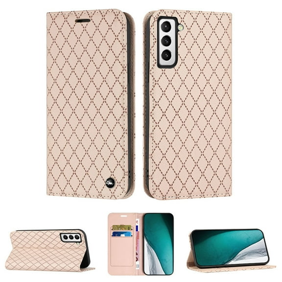 Samsung S22 Wallet Case, Luxury Premium PU Leather Rhombus Diamond RFID Blocking Card Holder Slot, Shockproof Magnetic Closure TPU Case Flip Cover with Kickstand For Samsung Galaxy S22, Pink