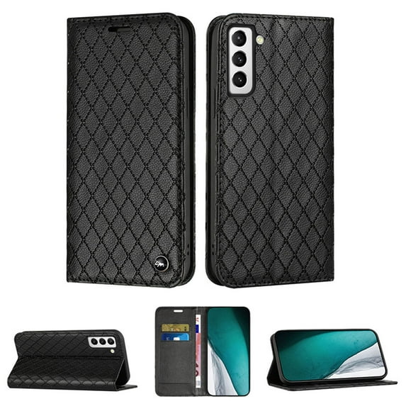 Samsung S22 Wallet Case, Luxury Premium PU Leather Rhombus Diamond RFID Blocking Card Holder Slot, Shockproof Magnetic Closure TPU Case Flip Cover with Kickstand For Samsung Galaxy S22, Black