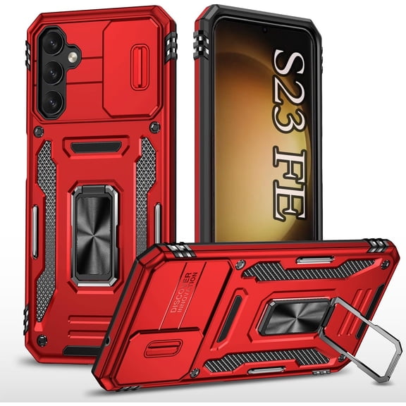 for Samsung S23 Phone Case for Galaxy S23 FE Case,with Camera Cover and Ring,Heavy Duty Drop Protection Dust Proof Military Protective Tough Durable Phone Cover for 23 FE Case-Red