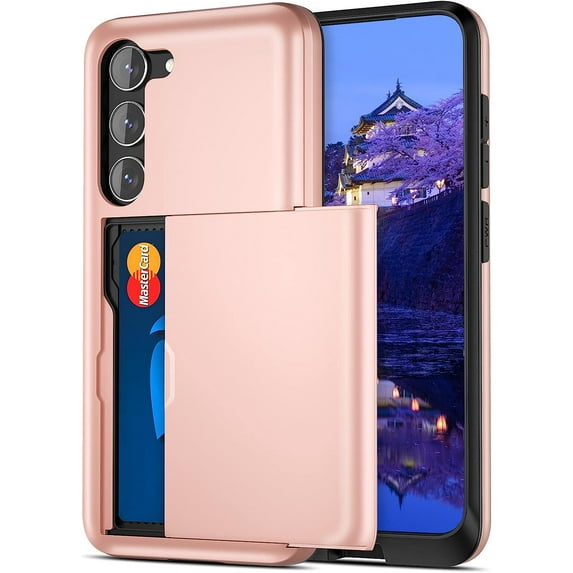 Samsung S23 Plus Case, Galaxy S23 Plus Case Credit Card IDs Cash Holder Wallet Slide Pocket Dual Layer Hard PC Shell TPU Rubber Cover Phone Case for Samsung Galaxy S23+ 6.6'' 2023 Rose Gold