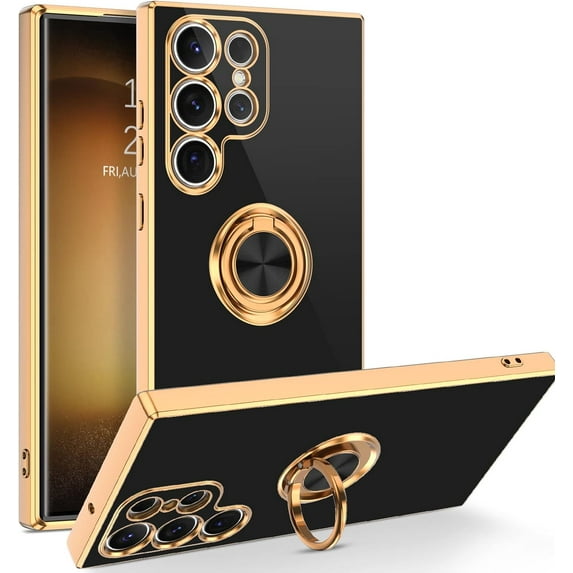 for Samsung S23 Ultra Case, Galaxy S23 6.8" Case Slim Lightweight Ring Holder Kickstand Magnetic Car Mount Supported Electroplated Women Men Case for Samsung Galaxy S23 Ultra 6.8"-Black