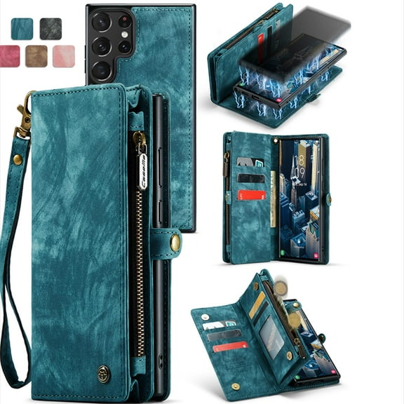 Samsung S23 Ultra Leather Detachable Wallet Zipper Case with 8 Card Slots Holder Magnetic case for Galaxy S23 Ultra Flip Wallet Handle Wrist Strap Shockproof Pocket Handbag for Man Woman, Green