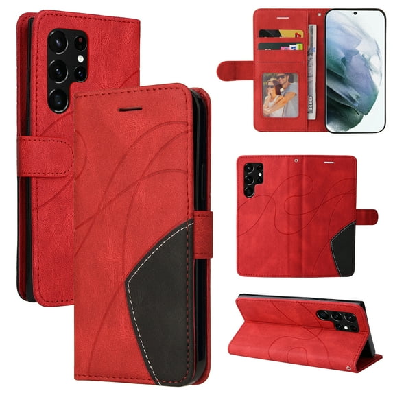 for Samsung S23 Ultra PU Leather Wallet Case, Flip Folio Case Book Folding Case with Magnetic Kickstand Card Holders Slots Protective with Lanyard Cover for Galaxy S23 Ultra 6.8 Inch - Red