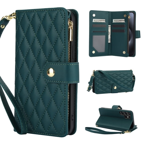 for Samsung S23 Ultra Wallet Case with Zipper Pocket, RFID Blocking Card Slots, PU Leather Magnetic Clasp Kickstand Crossbody & Wrist Strap Rugged Protective Cover for Galaxy S23 Ultra, Green