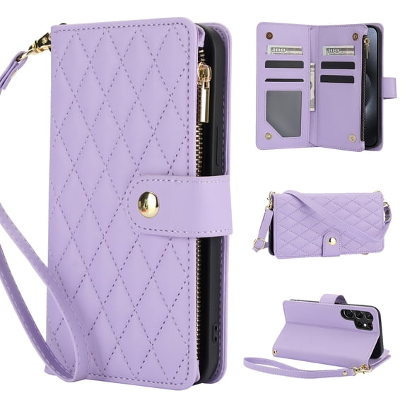 for Samsung S23 Ultra Wallet Case with Zipper Pocket, RFID Blocking Card Slots, PU Leather Magnetic Clasp Kickstand Crossbody & Wrist Strap Rugged Protective Cover for Galaxy S23 Ultra, Purple