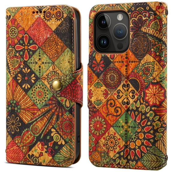 for Samsung S23Ultra Cork Wood Phone Case Wallet, Retro Floral Folio Flip Book Cover Magneitc Closure, ID Credit Card Holder Coin Cash Slot, Kickstand Support (Kaleidoscope Art Pattern)