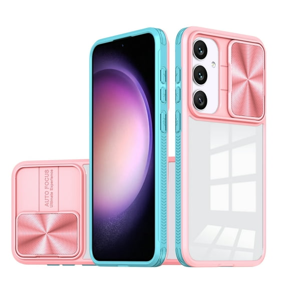 for Samsung S24 Case, Shockproof Rugged Samsung Galaxy S24 Phone Case, with Sliding Camera Cover, Drop Protection Crystal Clear Back Case Clear for Galaxy S24, Pink