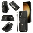 thumbnail image 1 of for Samsung S24 Case with Zipper Card Holders and Crossbody Strap & Short Belt for Women, RFID Blocking PU Leather Button Flip Shockproof Wallet Case Cover for Galaxy S24 - Black, 1 of 10