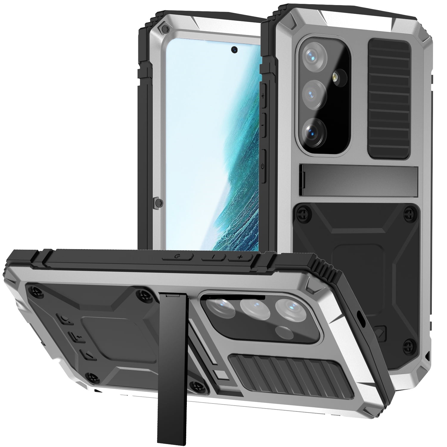 for Samsung S24 Metal Case, with Kickstand Screen Protector Case Sturdy Military Armor Durable Full Body Heavy Duty Shockproof Drop Tested Outdoor Case for Galaxy S24 - Silver
