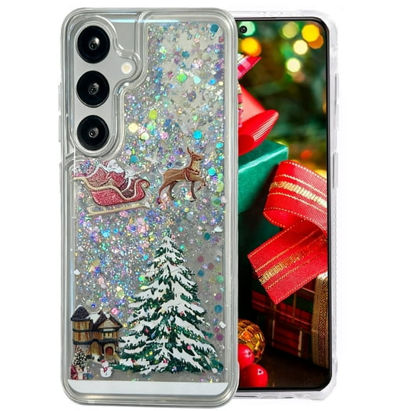 For Samsung S24 Plus Luminous Case,Cute Christmas Tree Santa Elk Liquid Flowing Floating Moving Bling Sparkle Shockproof Glow In The Dark Cover For Galaxy S24 Plus 6.7"