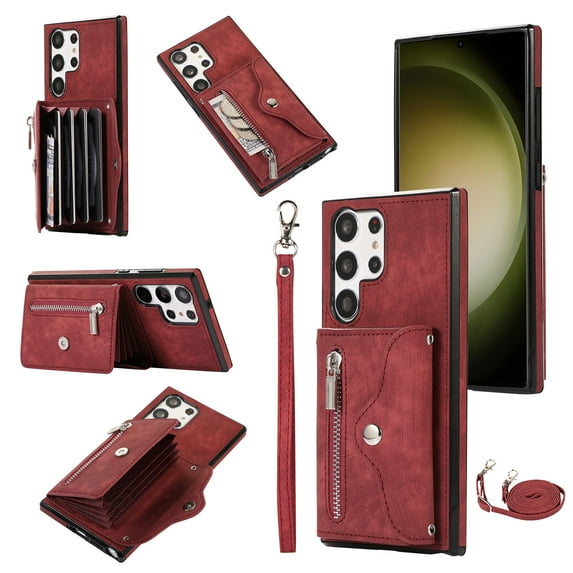 for Samsung S24 Ultra Case with Zipper Card Holders and Crossbody Strap & Short Belt for Women, RFID Blocking PU Leather Button Flip Shockproof Wallet Case Cover for Galaxy S24 Ultra - Red