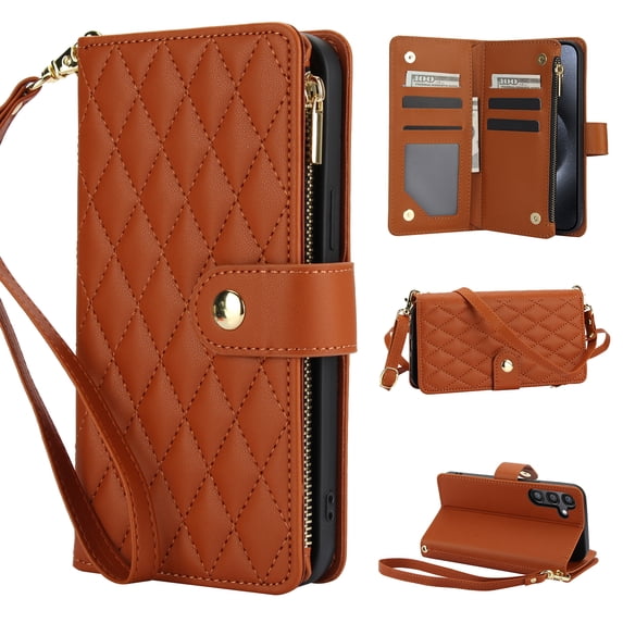 for Samsung S24 Wallet Case with Zipper Pocket, RFID Blocking Card Slots, PU Leather Magnetic Clasp Kickstand Crossbody & Wrist Strap Rugged Protective Cover for Galaxy S24, Brown
