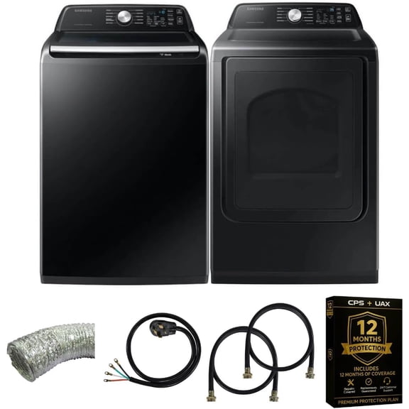 Samsung Smart 4.7 Cu Ft Top Load Washer & 7.4 Cu Ft Electric Dryer, Sensor Stops Overdrying, Low Vibration Quiet Wash, WaterJet w/Power Cords, Hoses, Vent Duct, 1 Year CPS Protection Bundle (Black)
