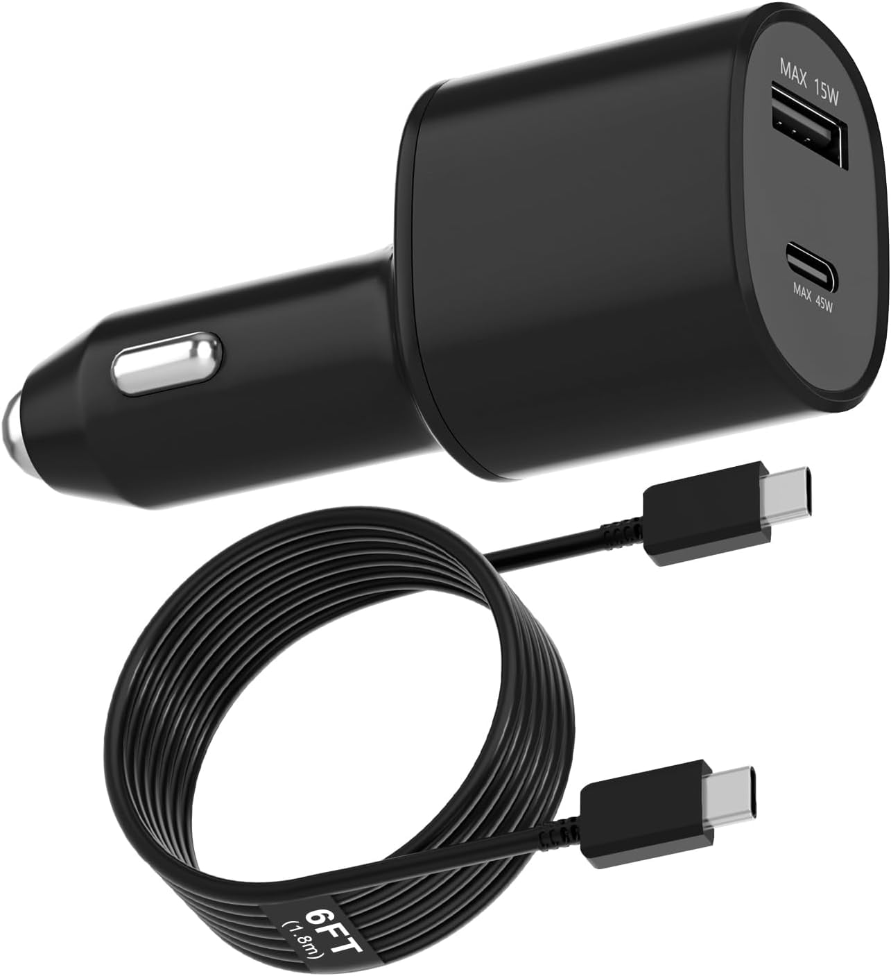 Samsung Super Fast Dual Car Charger (45W+15W) Dual Ports USB-C & USB-A with C-C 6.6ft Cable for Samsung S25 Ultra/S24 Ultra/S23 Ultra/S22+/S21/S20,iPad Pro,MacBook- Black