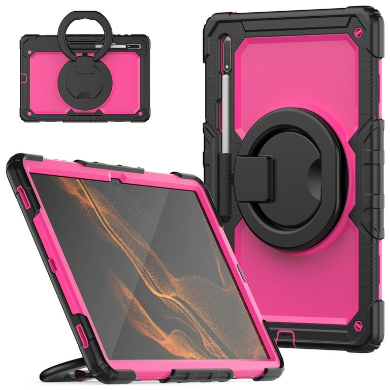 Protector, Ultra, for Case Heavy Rotating Samsung Samsung - Case Rugged with 14.6 360 Holder with Handle S Stand S8 Screen Shockproof inch Ultra Galaxy Pen Tab Grip Black+Rose Dteck Duty Tab S8